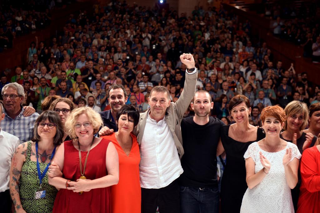 Otegi, general coordinator for EH Bildu, raises his fist during the party's congress in Bilbao